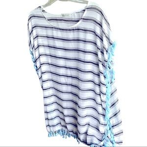 Gumuxi beach coverup.  Sheer black and white stripes teal tazzles hem/si…
